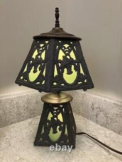 Antique Art Nouveau Victorian Slag Glass Cast Metal Boudoir Lamp