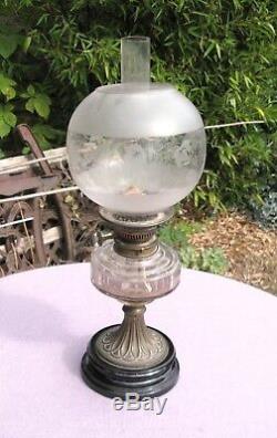 Antique Art nouveau Original Brass Cut Glass Bowl Oil Lamp Chimney Globe Shade