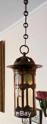 Antique Arts & Crafts Brass Victorian Opalescent Glass Hanging Lamp Lantern