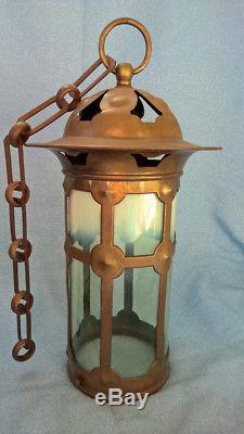 Antique Arts & Crafts Brass Victorian Opalescent Glass Hanging Lamp Lantern