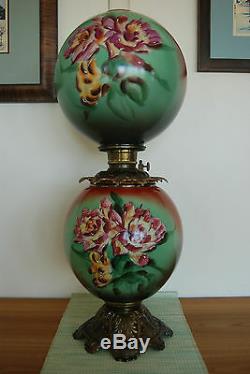 Antique Banquet Victorian Oil Kerosene Hand Painted Floral Art Nouveau Gwtw Lamp