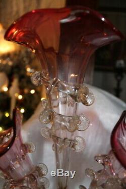 Antique Beautiful 19th Century Victorian Cranberry & Clear Glass Epergne 3 Horn