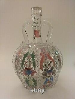 Antique Blown Glass Gilt & Enamel Moser Decanter, Pitcher With Applied Handles