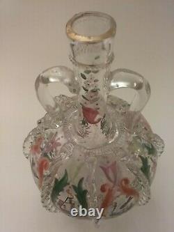 Antique Blown Glass Gilt & Enamel Moser Decanter, Pitcher With Applied Handles