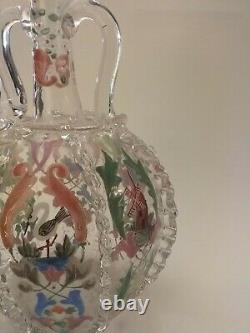 Antique Blown Glass Gilt & Enamel Moser Decanter, Pitcher With Applied Handles