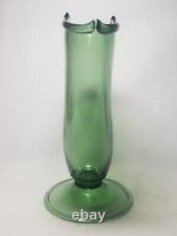 Antique Blown Green Italian Art Glass Fan Vase With Folded Foot & Rim