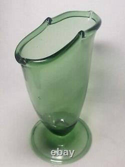 Antique Blown Green Italian Art Glass Fan Vase With Folded Foot & Rim