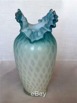 Antique Blue MOP Cased Satin Glass Ruffle Neck Vase Pairpoint Mt Washington