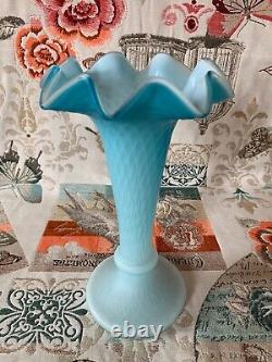 Antique Blue Opaque White Cased Glass Vase Ruffled Rim Diamond Quilted c. 1910's