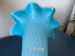 Antique Blue Opaque White Cased Glass Vase Ruffled Rim Diamond Quilted c. 1910's