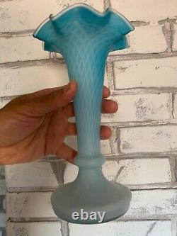 Antique Blue Opaque White Cased Glass Vase Ruffled Rim Diamond Quilted c. 1910's