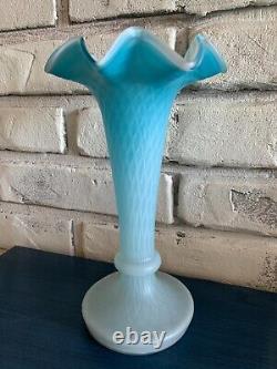 Antique Blue Opaque White Cased Glass Vase Ruffled Rim Diamond Quilted c. 1910's