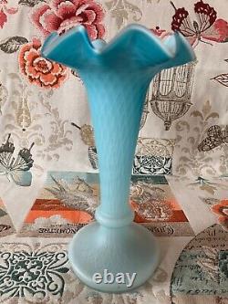 Antique Blue Opaque White Cased Glass Vase Ruffled Rim Diamond Quilted c. 1910's