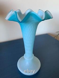 Antique Blue Opaque White Cased Glass Vase Ruffled Rim Diamond Quilted c. 1910's