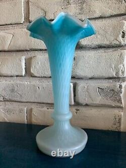 Antique Blue Opaque White Cased Glass Vase Ruffled Rim Diamond Quilted c. 1910's