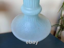 Antique Blue Opaque White Cased Glass Vase Ruffled Rim Diamond Quilted c. 1910's