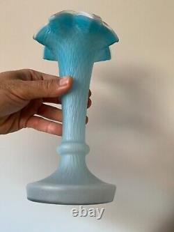 Antique Blue Opaque White Cased Glass Vase Ruffled Rim Diamond Quilted c. 1910's