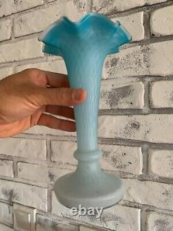Antique Blue Opaque White Cased Glass Vase Ruffled Rim Diamond Quilted c. 1910's