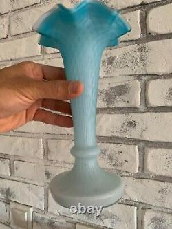 Antique Blue Opaque White Cased Glass Vase Ruffled Rim Diamond Quilted c. 1910's