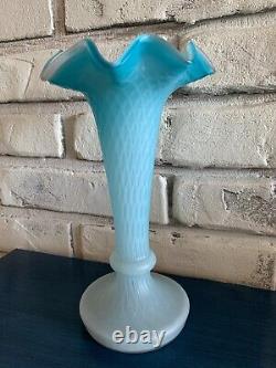 Antique Blue Opaque White Cased Glass Vase Ruffled Rim Diamond Quilted c. 1910's