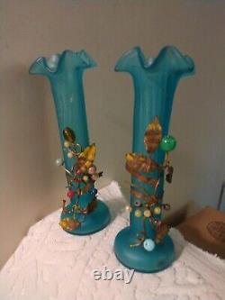 Antique Blue Satin Glass 5 Victorian Vases w Ormalu & Stone Decor Fabulous LOOK