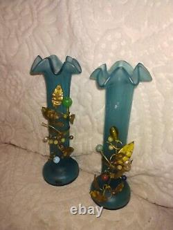 Antique Blue Satin Glass 5 Victorian Vases w Ormalu & Stone Decor Fabulous LOOK