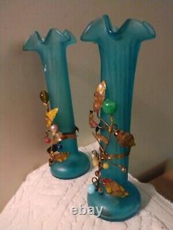 Antique Blue Satin Glass 5 Victorian Vases w Ormalu & Stone Decor Fabulous LOOK