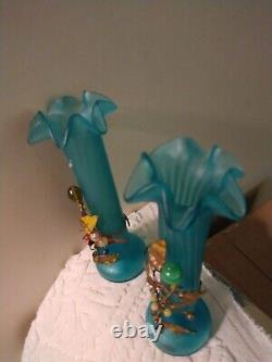 Antique Blue Satin Glass 5 Victorian Vases w Ormalu & Stone Decor Fabulous LOOK