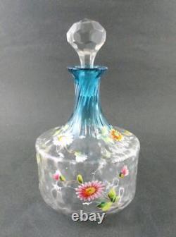 Antique Bluerina art glass DECANTER hp Enamel DAISIES Diamond Optic