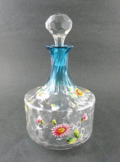 Antique Bluerina Art Glass Decanter Hp Enamel Daisies Diamond Optic