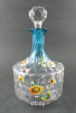 Antique Bluerina art glass DECANTER hp Enamel DAISIES Diamond Optic