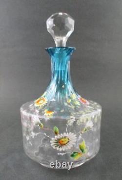 Antique Bluerina art glass DECANTER hp Enamel DAISIES Diamond Optic