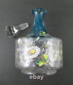 Antique Bluerina art glass DECANTER hp Enamel DAISIES Diamond Optic