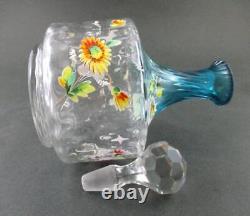 Antique Bluerina art glass DECANTER hp Enamel DAISIES Diamond Optic