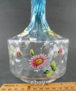 Antique Bluerina art glass DECANTER hp Enamel DAISIES Diamond Optic