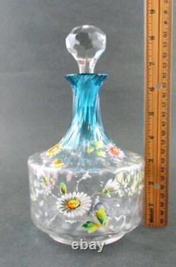 Antique Bluerina art glass DECANTER hp Enamel DAISIES Diamond Optic