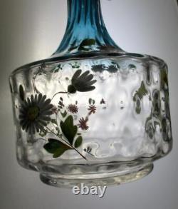 Antique Bluerina art glass DECANTER hp Enamel DAISIES Diamond Optic