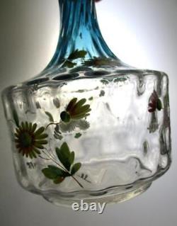 Antique Bluerina art glass DECANTER hp Enamel DAISIES Diamond Optic