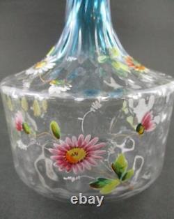 Antique Bluerina art glass DECANTER hp Enamel DAISIES Diamond Optic