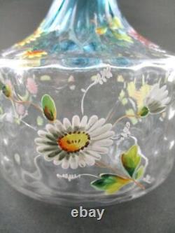 Antique Bluerina art glass DECANTER hp Enamel DAISIES Diamond Optic