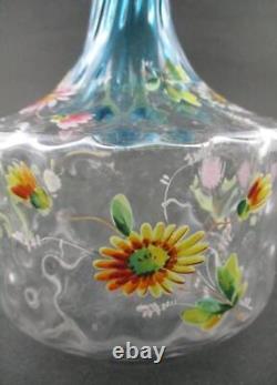 Antique Bluerina art glass DECANTER hp Enamel DAISIES Diamond Optic