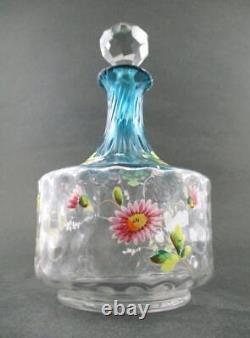 Antique Bluerina art glass DECANTER hp Enamel DAISIES Diamond Optic