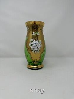 Antique Bohemia Czech Egermann Green Glass Gold Gild Vase Applied Enamel Flower