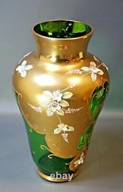 Antique Bohemia Czech Egermann Green Glass Gold Gild Vase Applied Enamel Flower