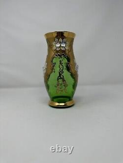 Antique Bohemia Czech Egermann Green Glass Gold Gild Vase Applied Enamel Flower