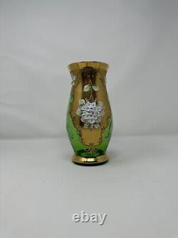 Antique Bohemia Czech Egermann Green Glass Gold Gild Vase Applied Enamel Flower