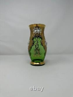 Antique Bohemia Czech Egermann Green Glass Gold Gild Vase Applied Enamel Flower