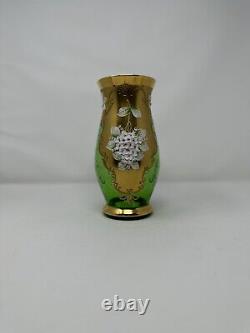 Antique Bohemia Czech Egermann Green Glass Gold Gild Vase Applied Enamel Flower
