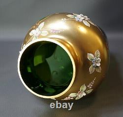 Antique Bohemia Czech Egermann Green Glass Gold Gild Vase Applied Enamel Flower