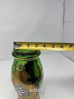 Antique Bohemia Czech Egermann Green Glass Gold Gild Vase Applied Enamel Flower